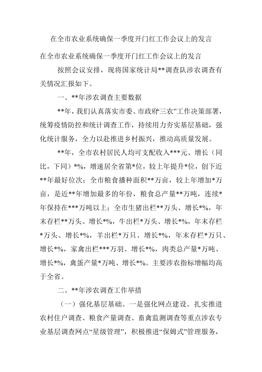 在全市农业系统确保一季度开门红工作会议上的发言.docx_第1页