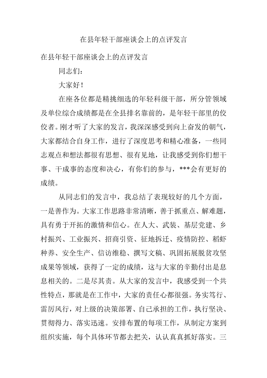 在县年轻干部座谈会上的点评发言.docx_第1页