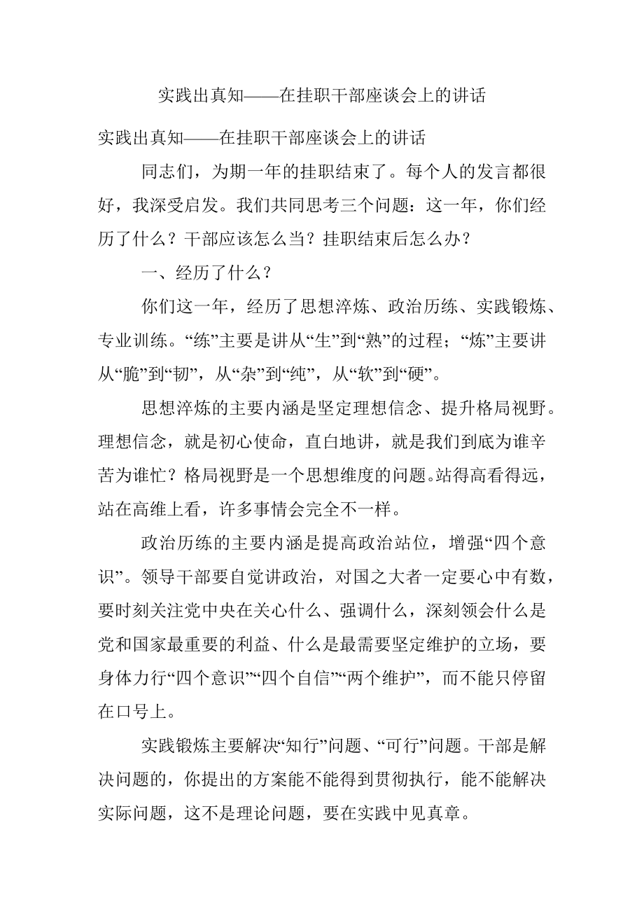 实践出真知——在挂职干部座谈会上的讲话.docx_第1页