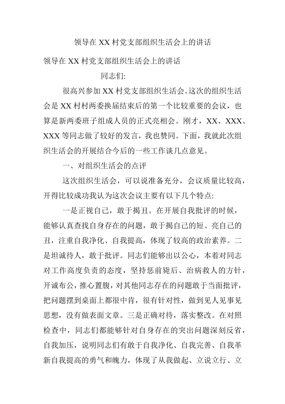 领导在XX村党支部组织生活会上的讲话.docx_第1页