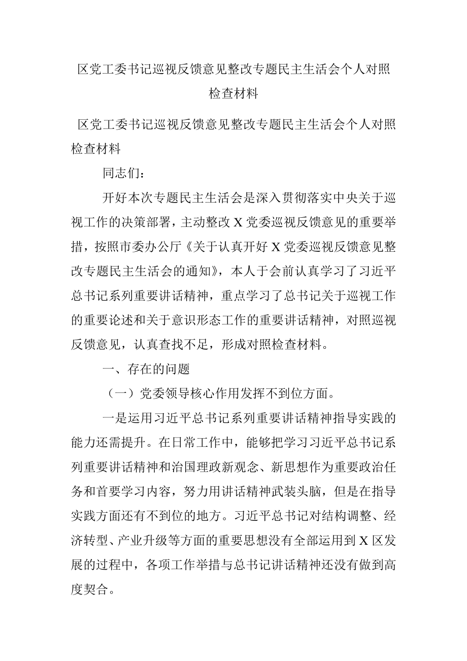 区党工委书记巡视反馈意见整改专题民主生活会个人对照检查材料.docx_第1页