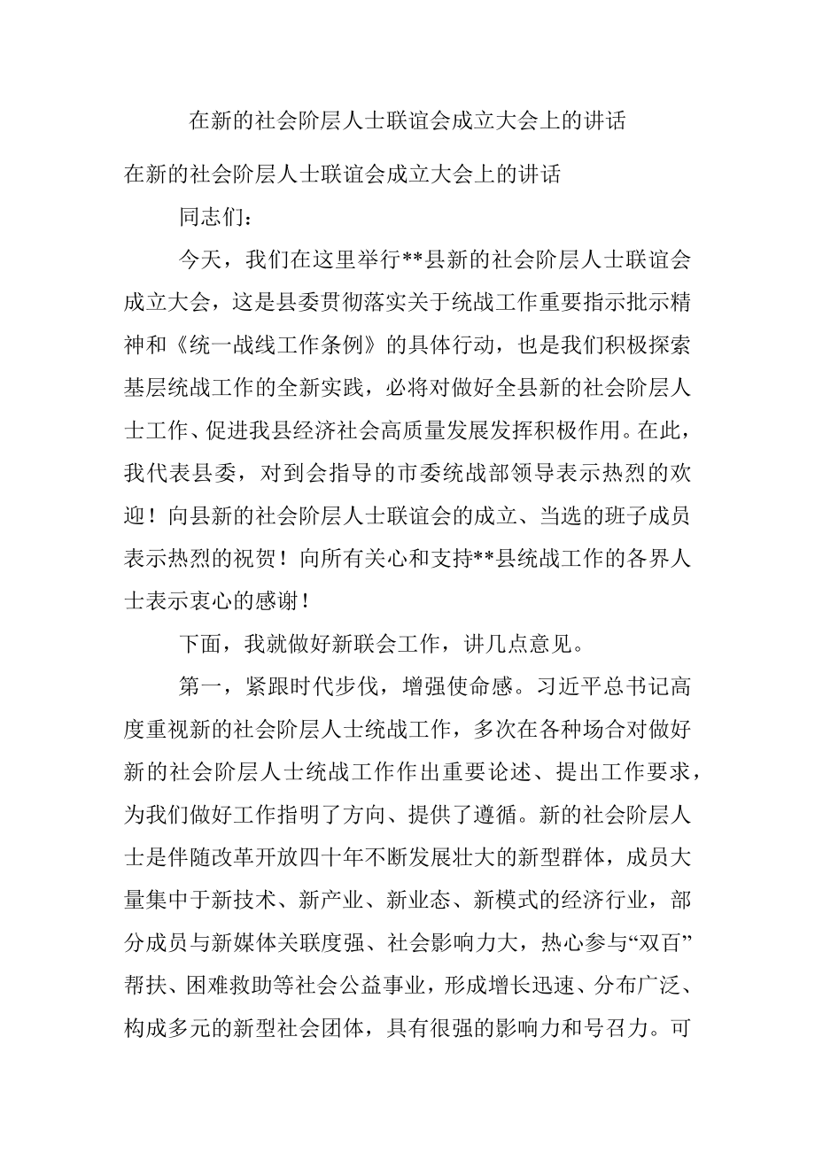 在新的社会阶层人士联谊会成立大会上的讲话.docx_第1页