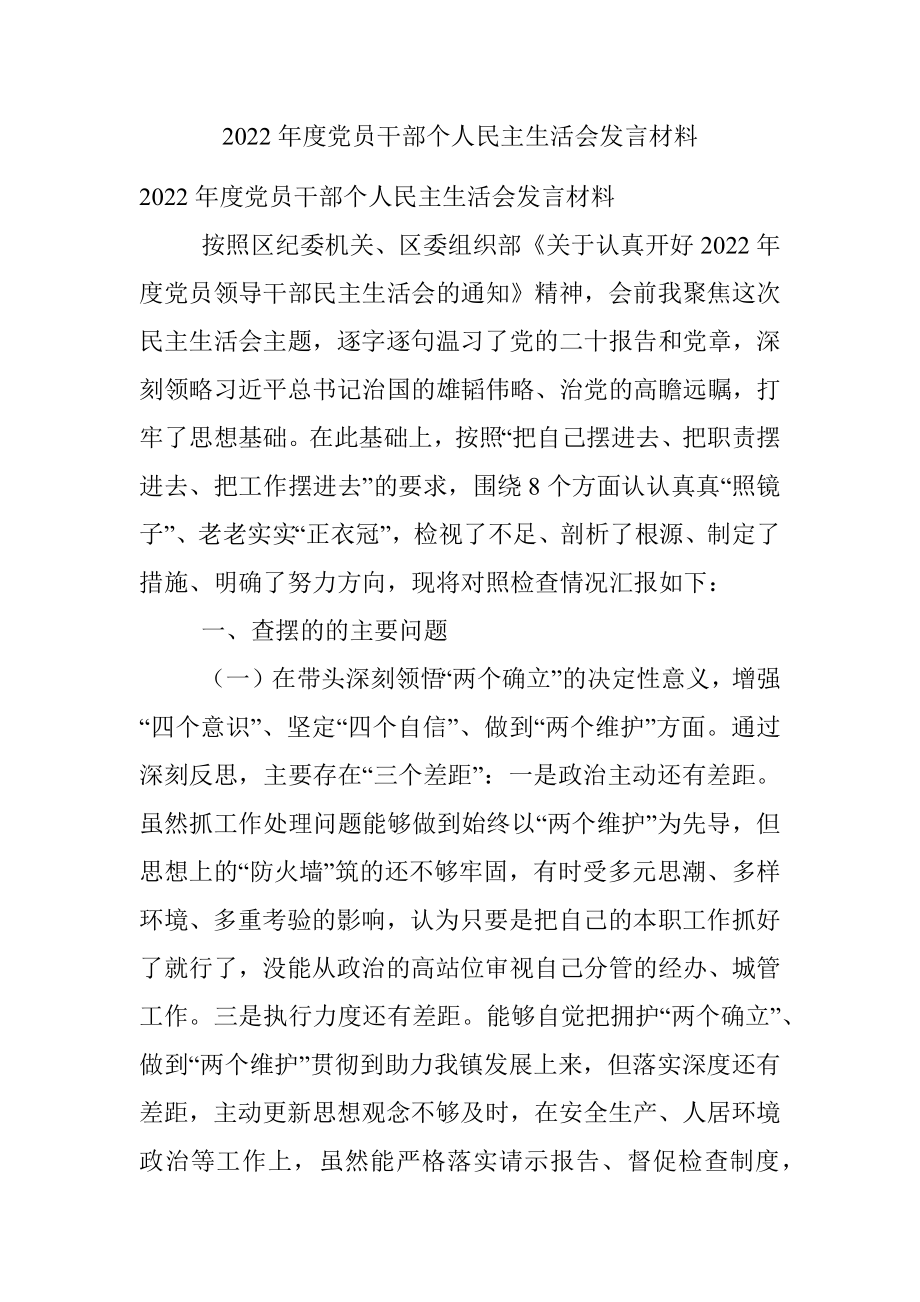 2022年度党员干部个人民主生活会发言材料.docx_第1页