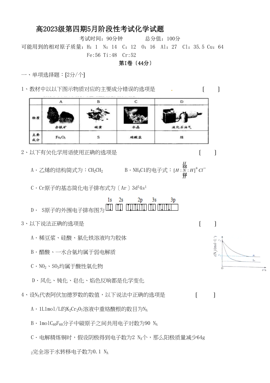 2023年四川省树德高二5月月考化学试题及答案.docx_第1页