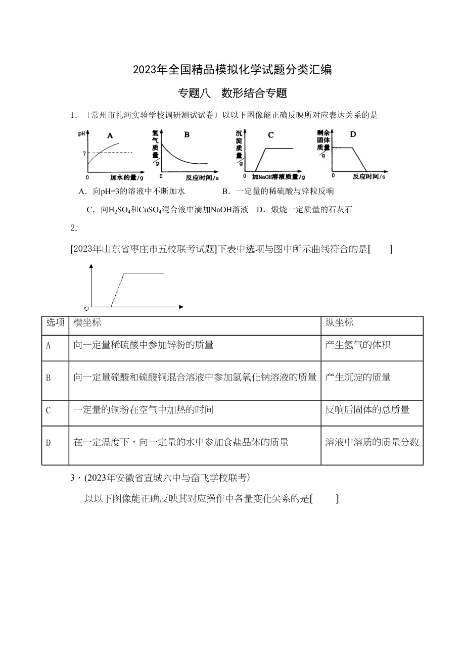 2023年全国模拟化学试题分类汇编专题8数形结合专题初中化学.docx_第1页