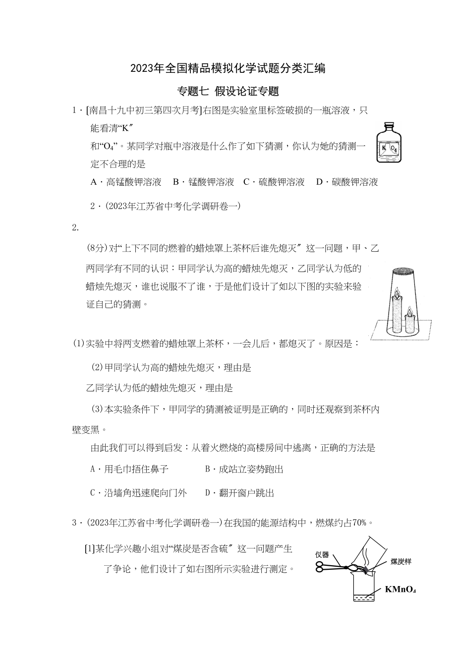 2023年全国模拟化学试题分类汇编专题7假设论证专题高中化学.docx_第1页