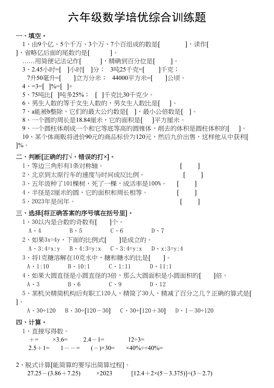 2023年六年级数学培优综合训练题新课标人教版.docx_第1页