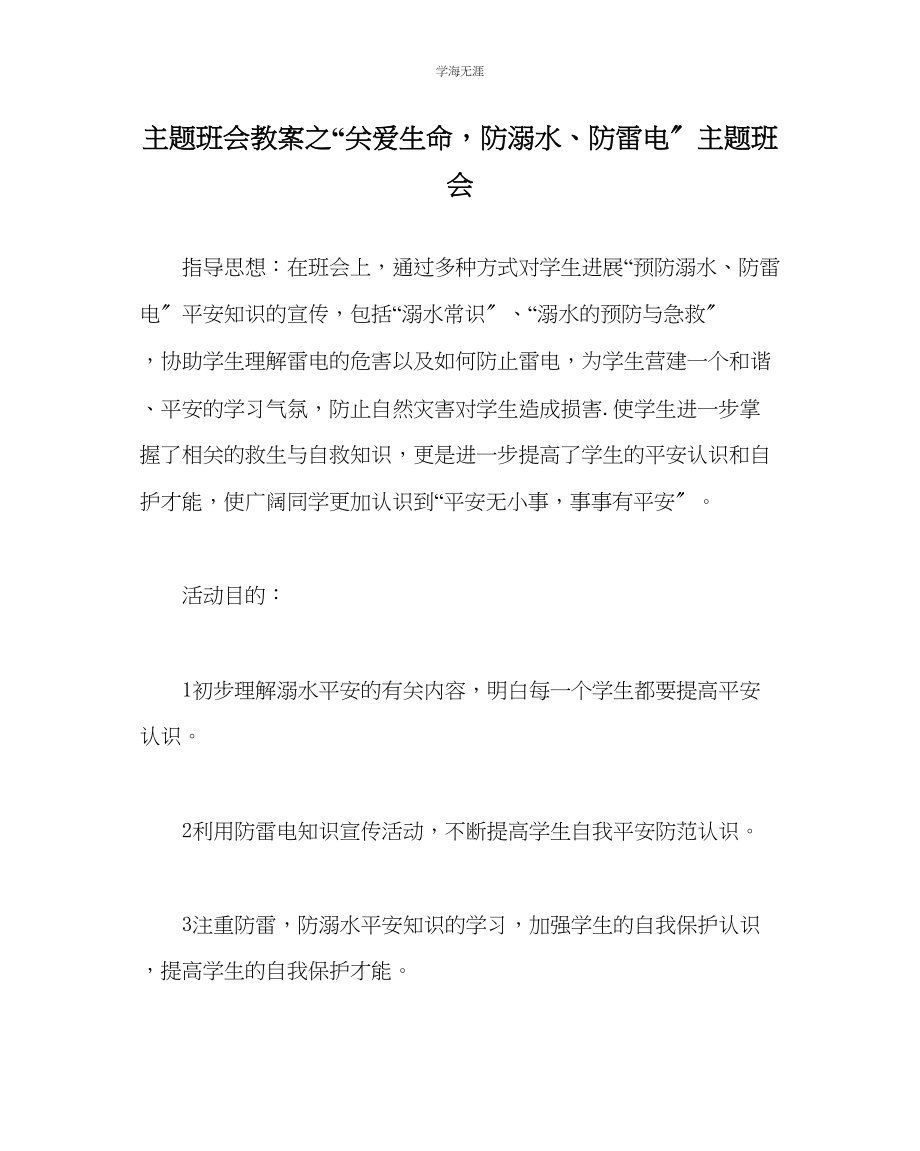 2023年关爱生命防溺水防雷电主题班会.docx_第1页