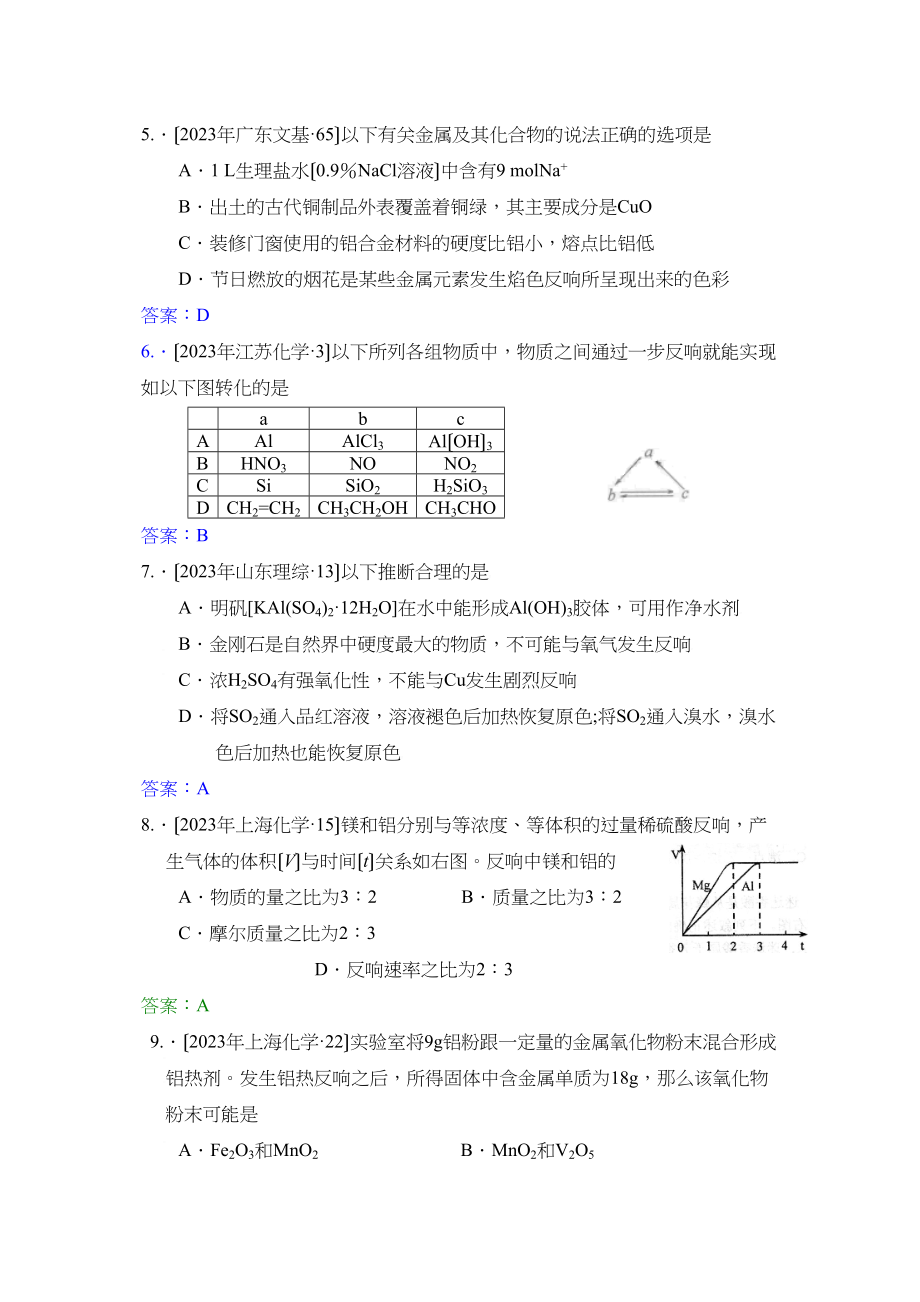 2023年全部高考化学试题分类汇编几种重要的金属高中化学.docx_第2页