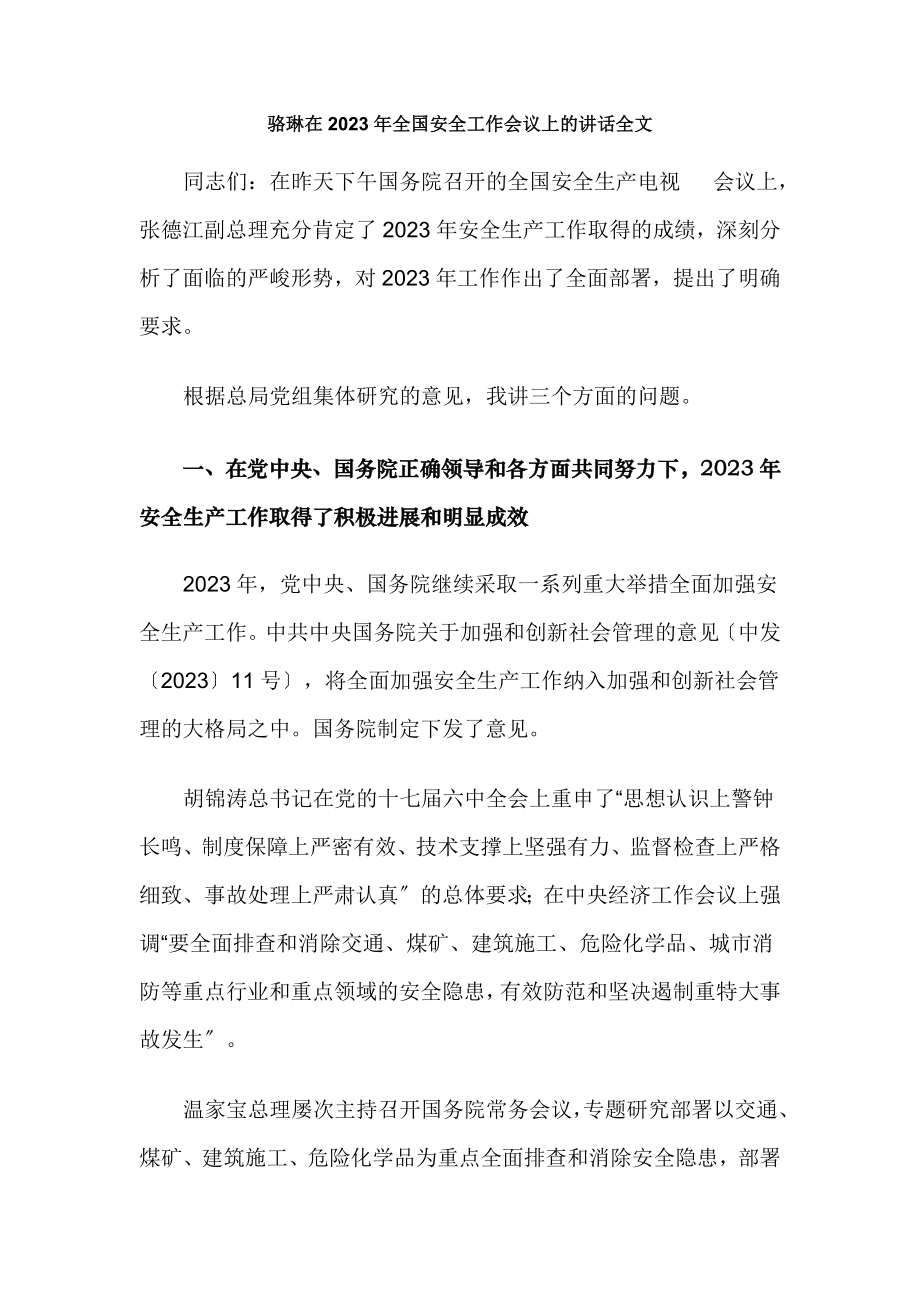 2023年骆琳在年全国安全工作会议上的讲话全文.doc_第1页