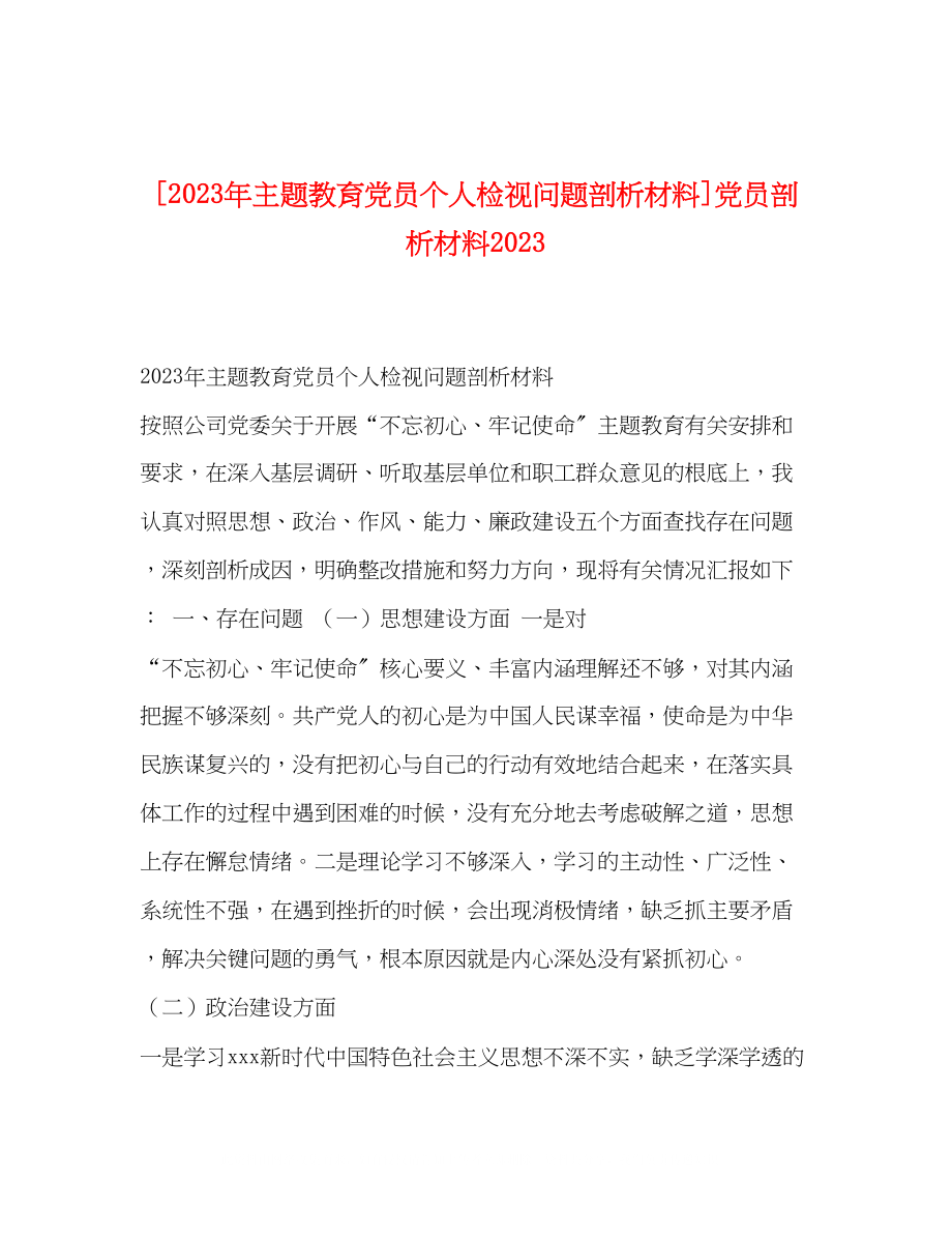 2023年主题教育党员个人检视问题剖析材料党员剖析材料.docx_第1页