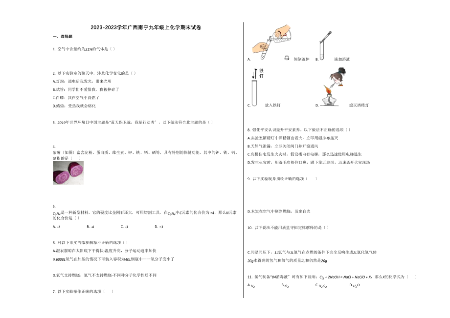 2023年南宁市学年九年级化学上册期末试卷.docx_第1页