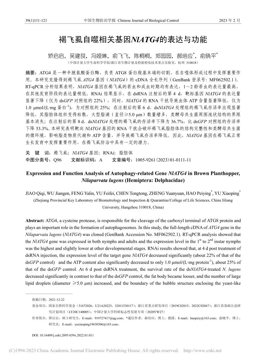 褐飞虱自噬相关基因NlATG4的表达与功能_矫启启.pdf_第1页