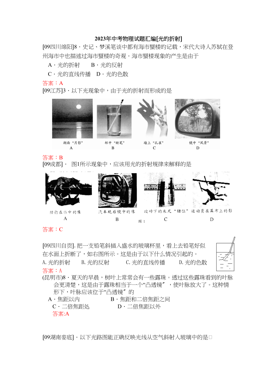 2023年中考物理试题分类汇编光的折射初中物理.docx_第1页