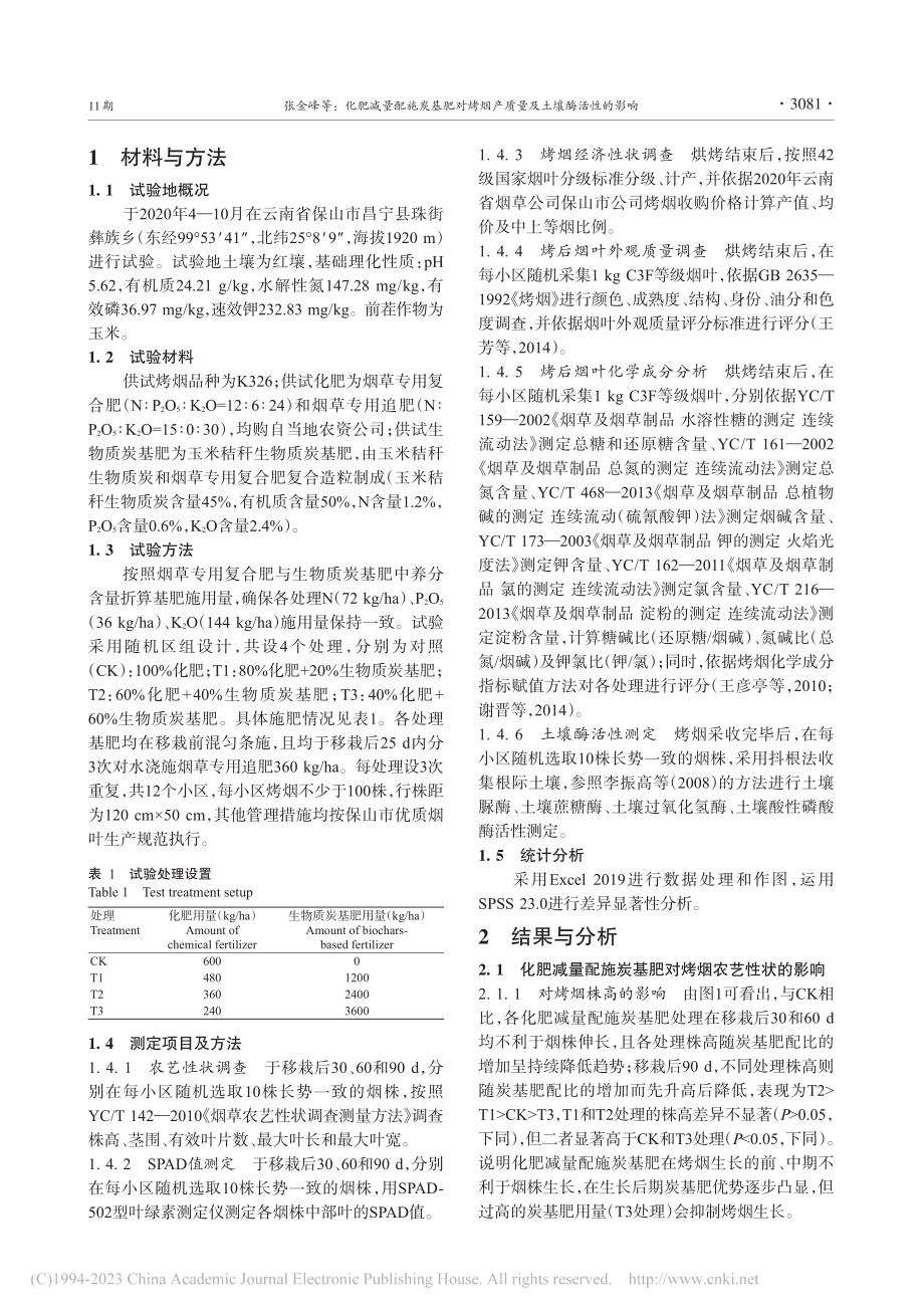 化肥减量配施炭基肥对烤烟产质量及土壤酶活性的影响_张金峰.pdf_第3页