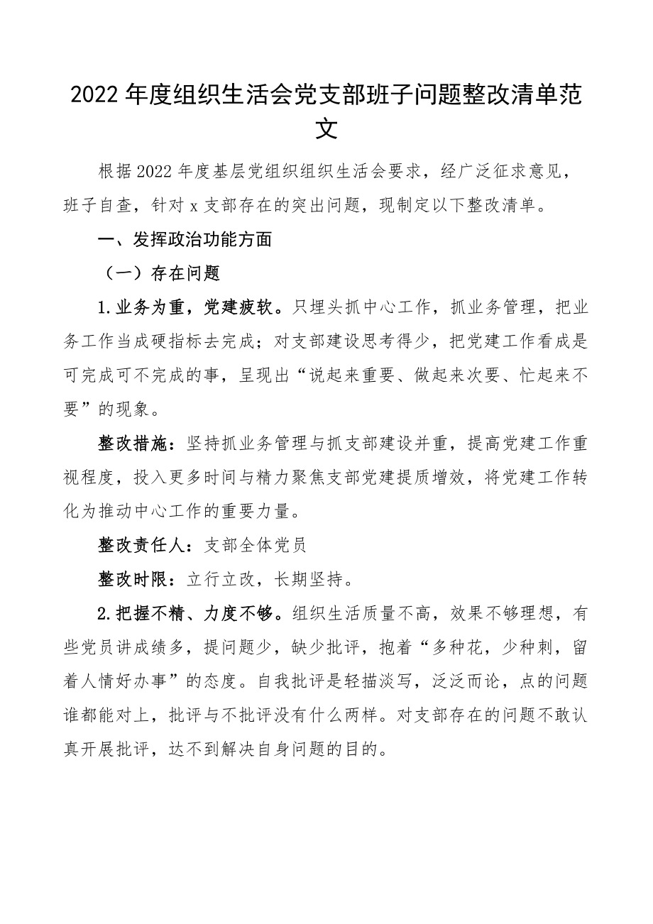 2022年度组织生活会党支部班子问题整改清单措施2023初.docx_第1页