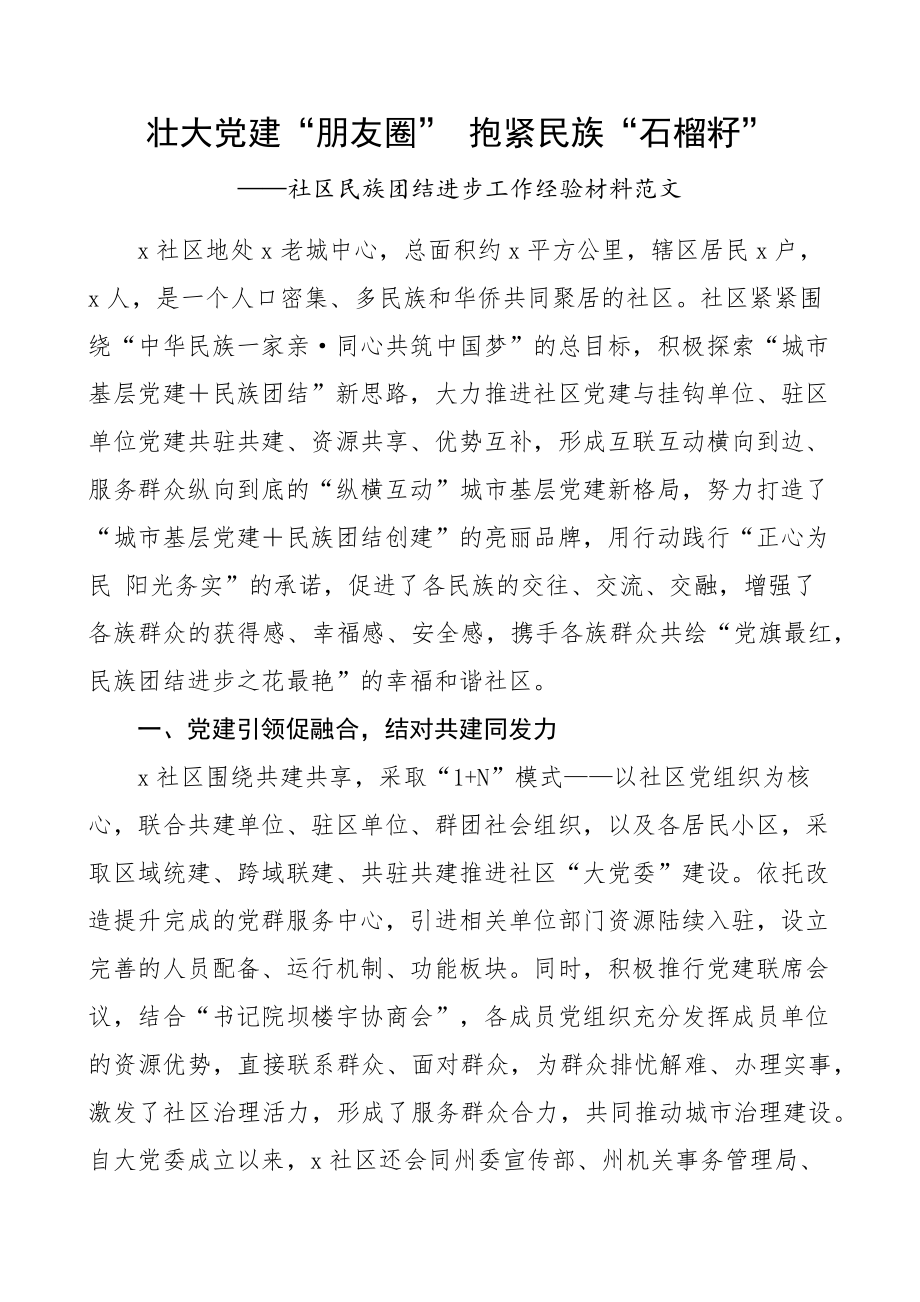 社区党建引领民族团结进步工作经验材料总结汇报事迹.docx_第1页