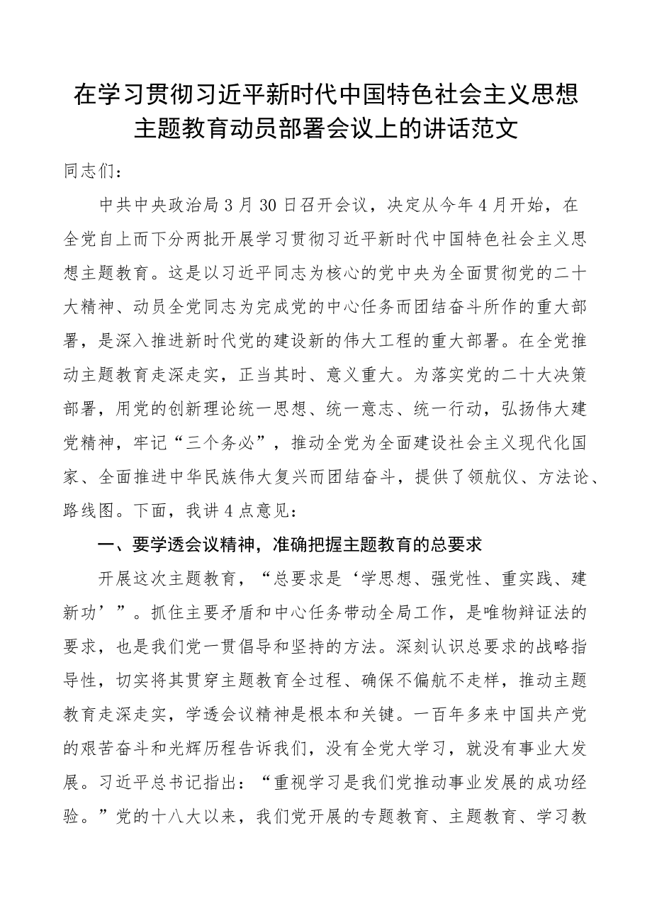 学习贯彻新时代特色思想主题教育动员部署工作会议讲话.docx_第1页