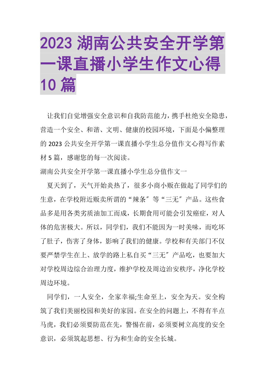 2023年湖南公共安全开学第一课直播小学生作文心得10篇.doc_第1页