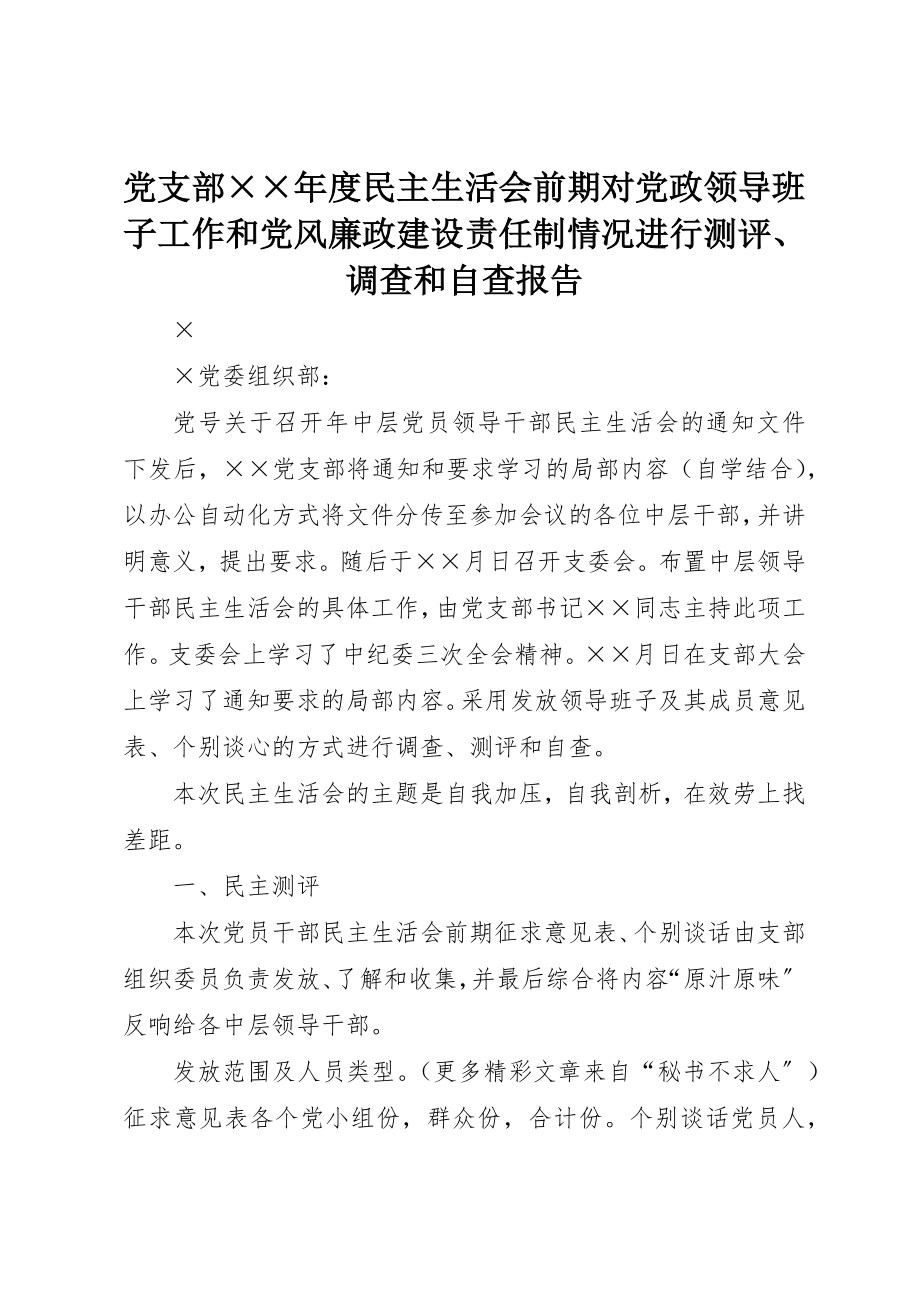 2023年党支部××年度民主生活会前期对党政领导班子工作和党风廉政建设责任制情况进行测评、调查和自查报告.docx_第1页