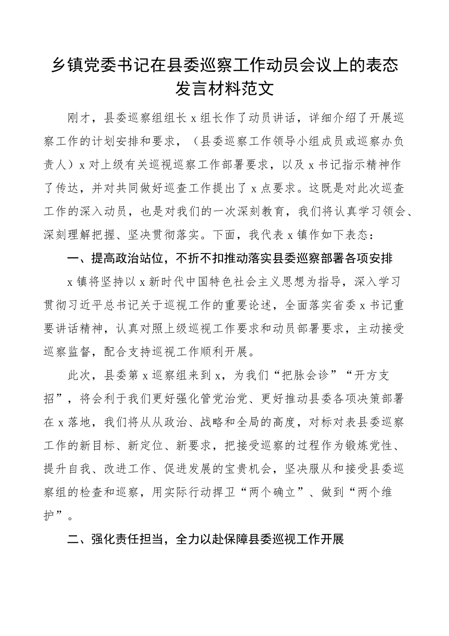 2023年乡镇党委书记在县巡察工作动员会议上的表态发言材料 .docx_第1页