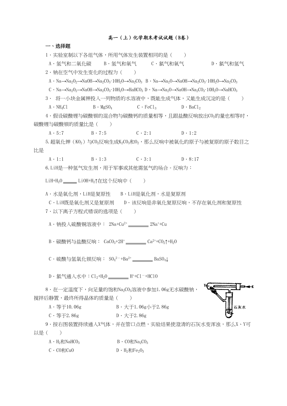 2023年备考习题集24高一上化学期末试题Bdoc高中化学.docx_第1页