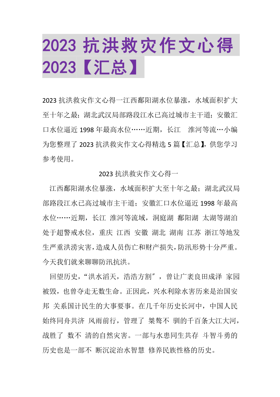 2023年抗洪救灾作文心得汇总.doc_第1页