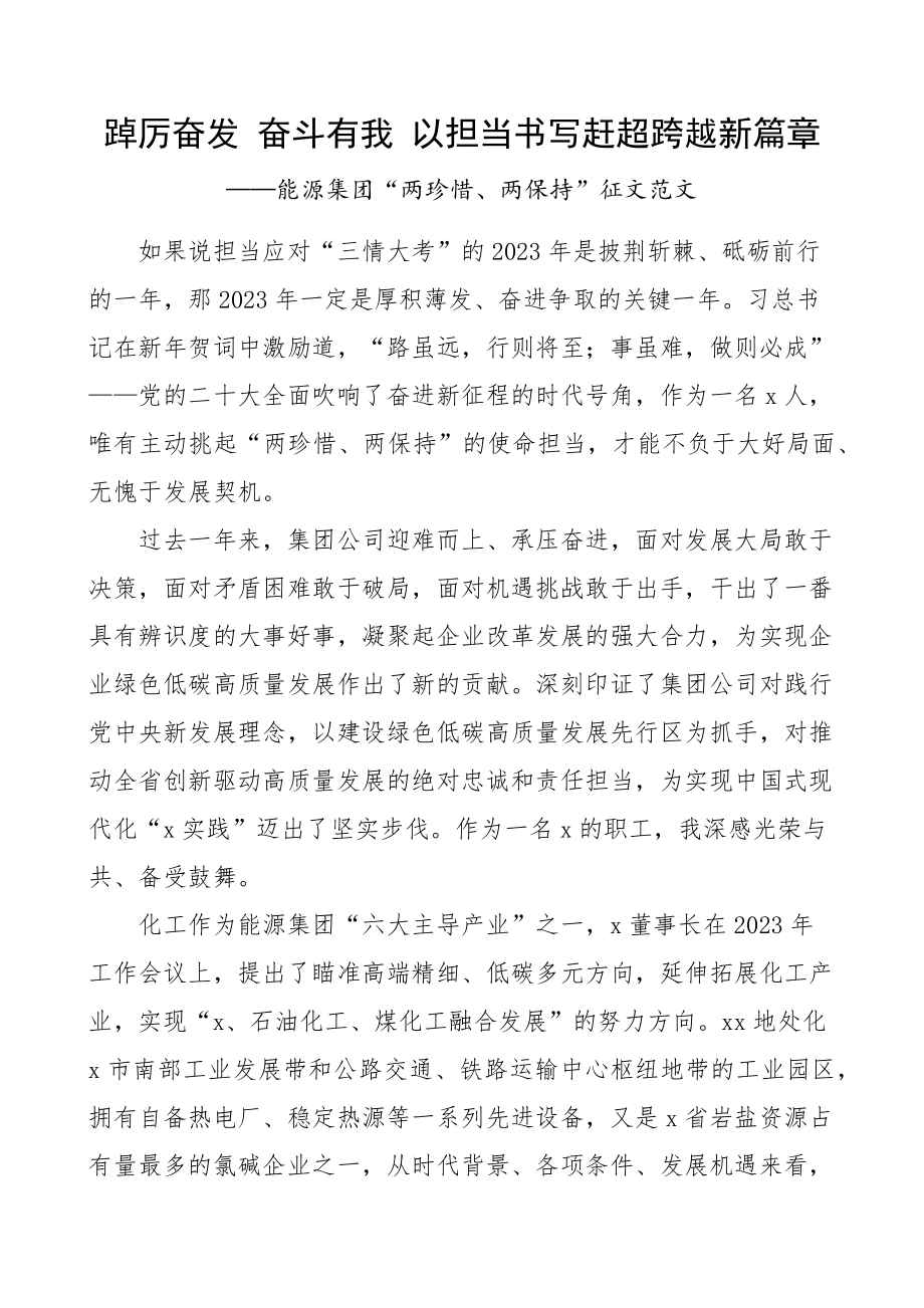 2023年能源集团两珍惜两保持征文奋斗担当 .docx_第1页