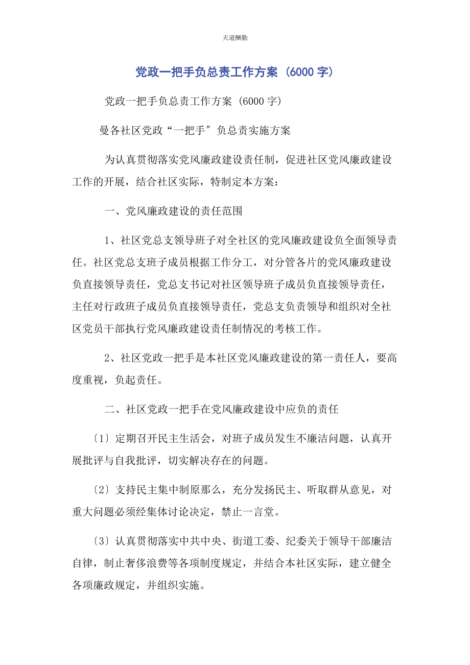 2023年党政把手负总责工作方案 6000字.docx_第1页