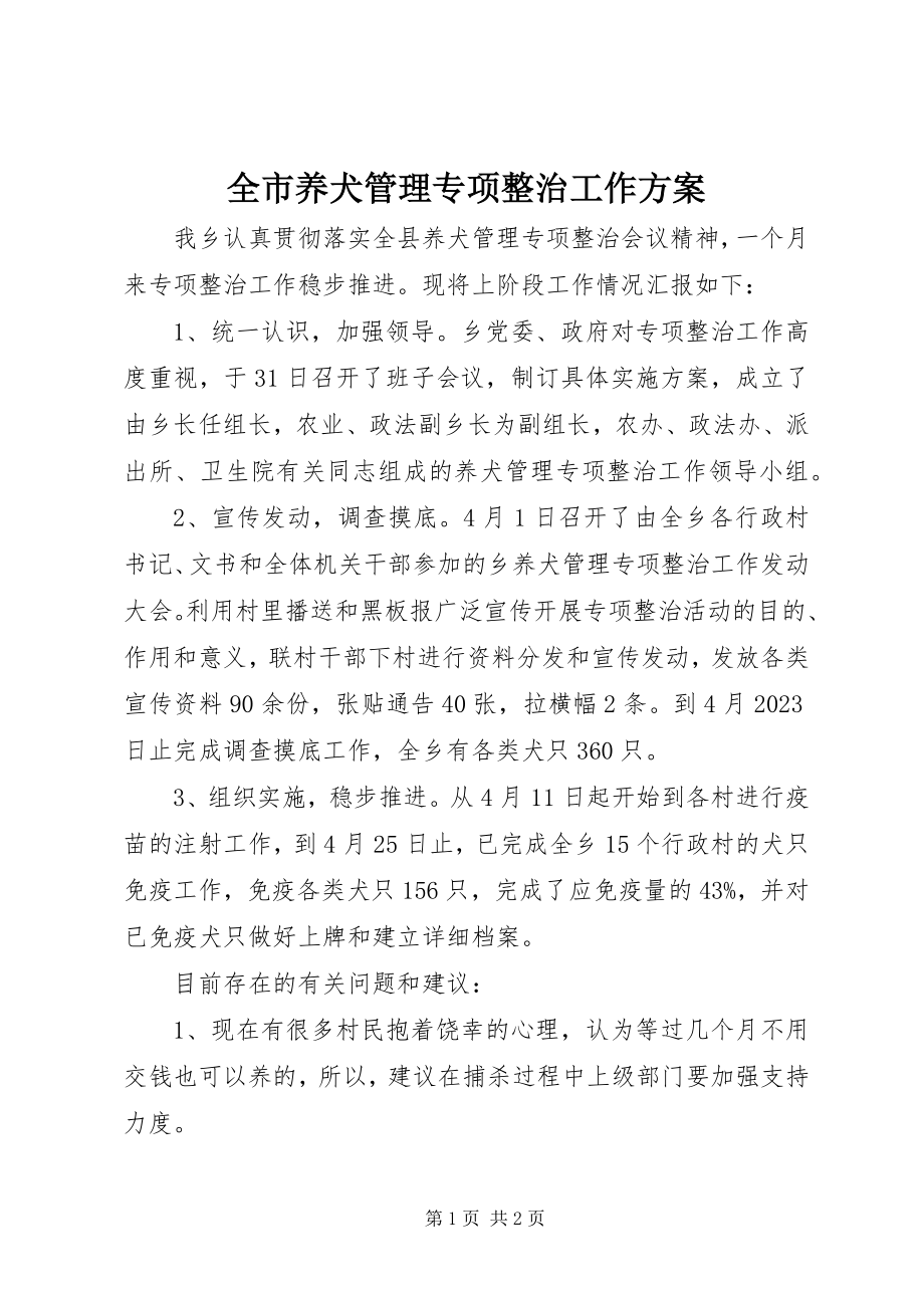 2023年全市养犬管理专项整治工作方案.docx_第1页