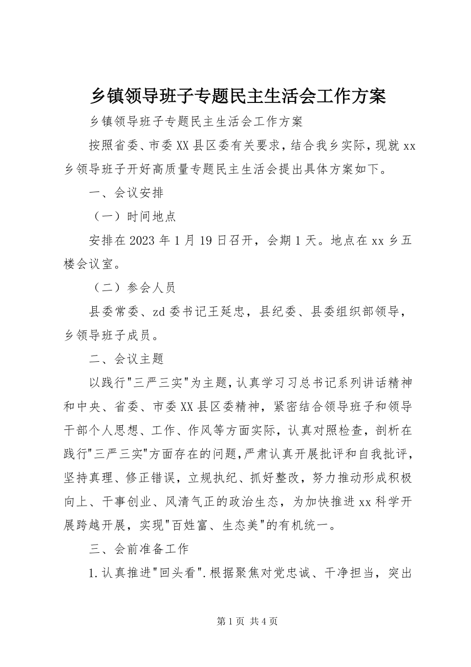 2023年乡镇领导班子专题民主生活会工作方案.docx_第1页