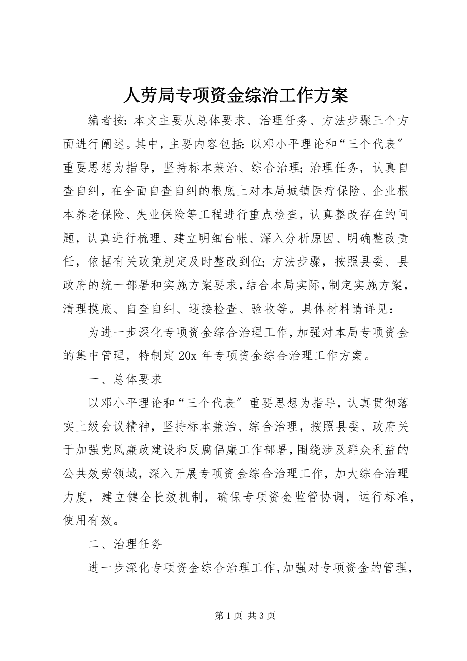 2023年人劳局专项资金综治工作方案.docx_第1页