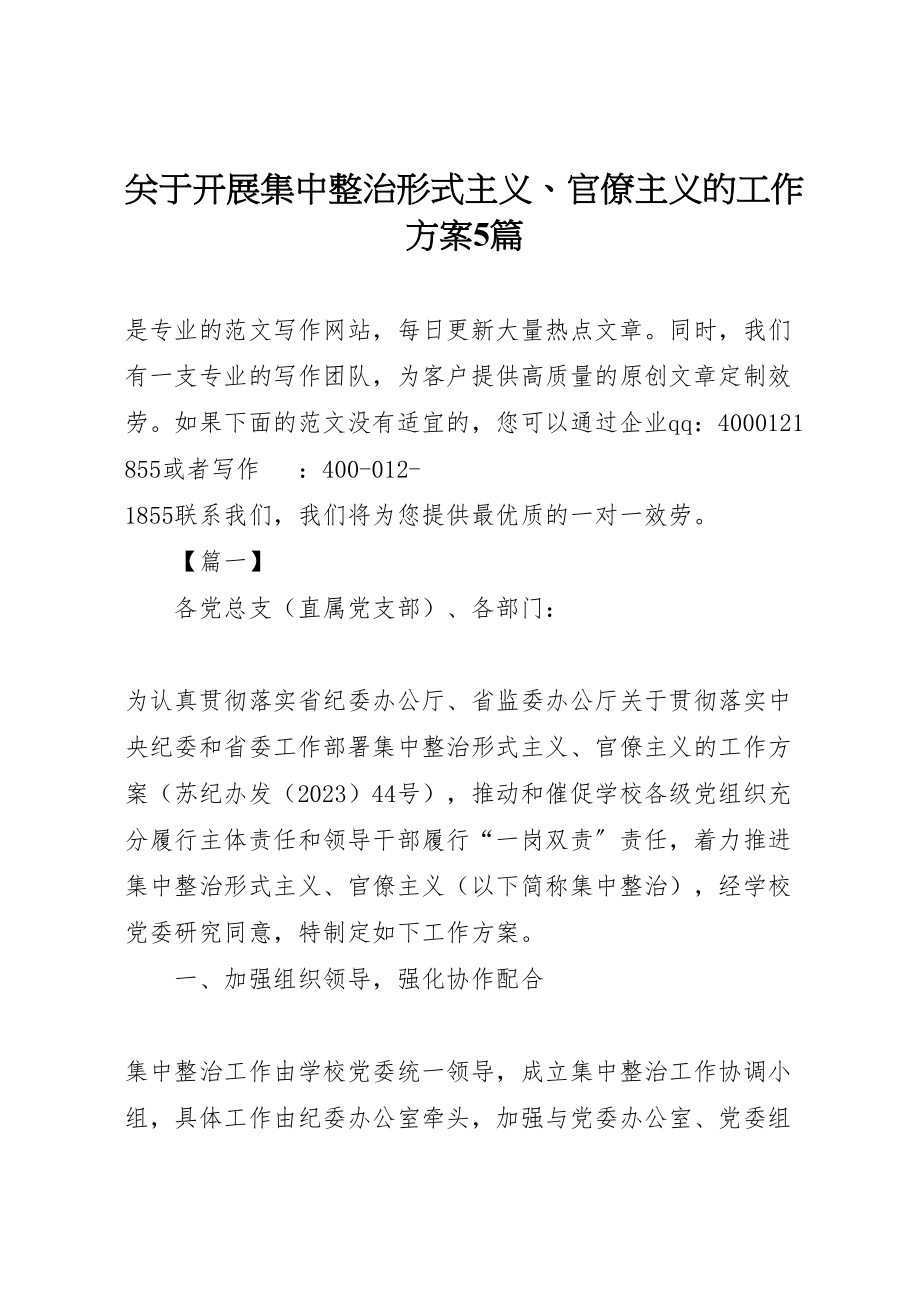 2023年关于开展集中整治形式主义官僚主义的工作方案5篇.doc_第1页