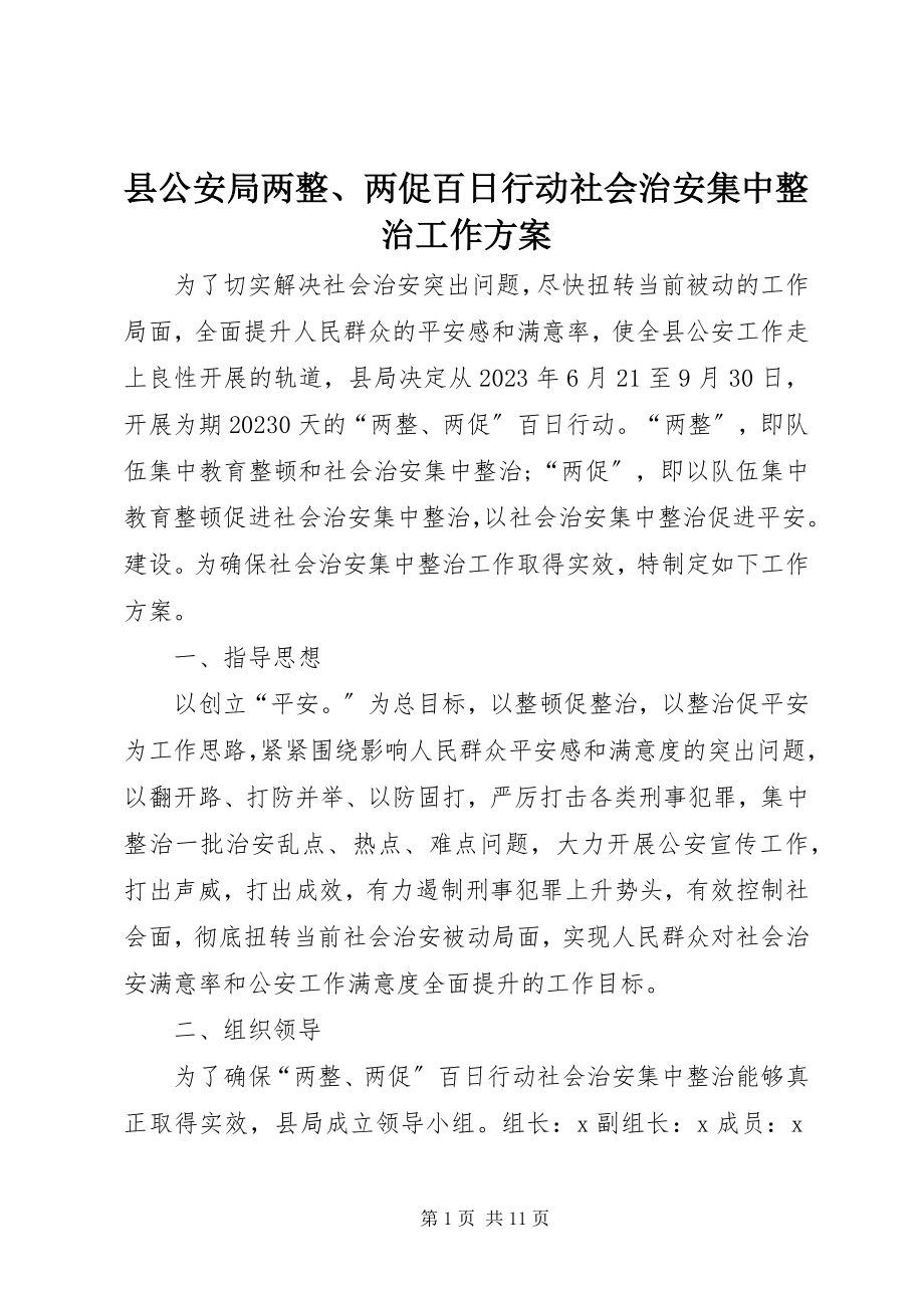 2023年县公安局两整两促百日行动社会治安集中整治工作方案.docx_第1页