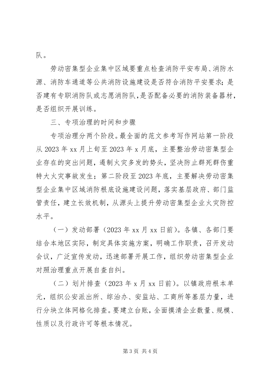 2023年xx县劳动密集型企业消防安全专项治理工作方案.docx_第3页