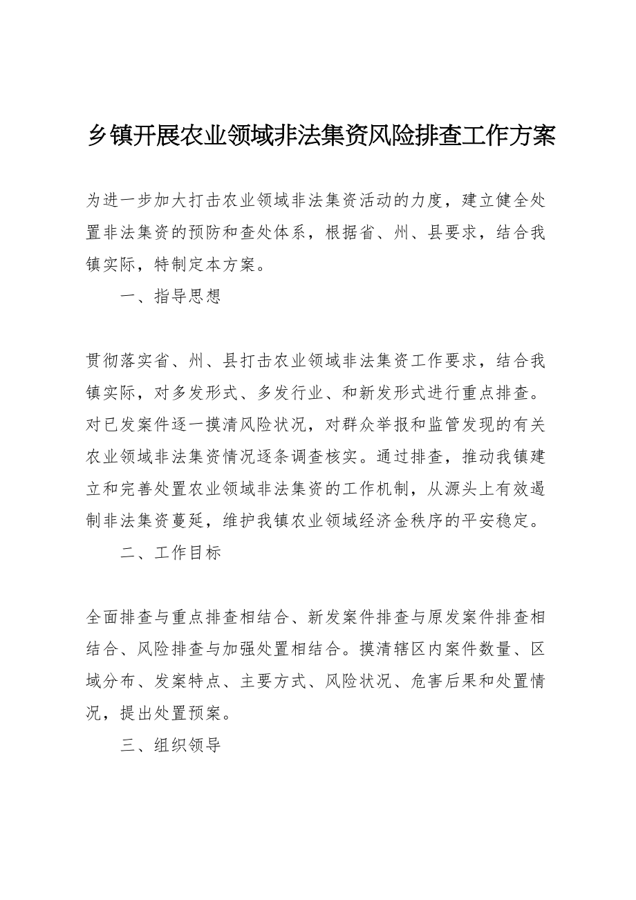 2023年乡镇开展农业领域非法集资风险排查工作方案 2.doc_第1页