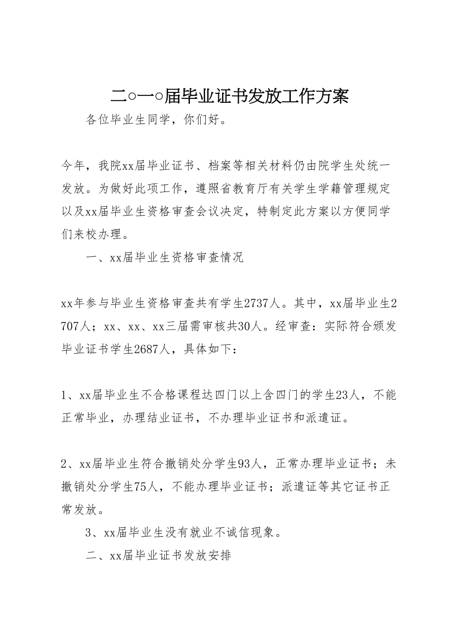 2023年二○一○届毕业证书发放工作方案 .doc_第1页