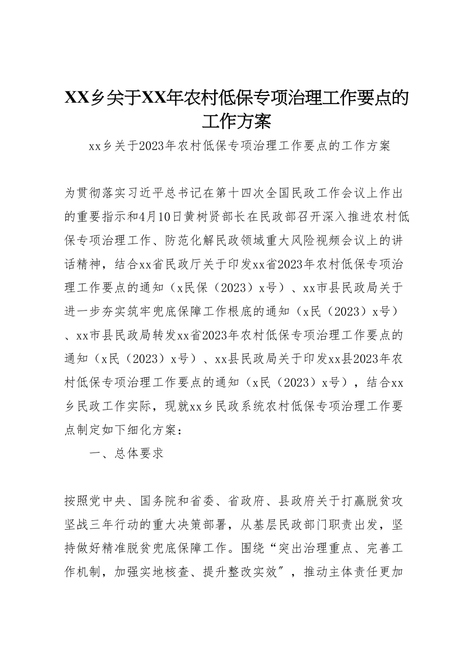 2023年乡关于年农村低保专项治理工作要点的工作方案.doc_第1页