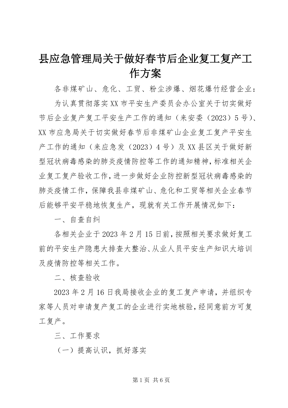 2023年县应急管理局关于做好春节后企业复工复产工作方案.docx_第1页