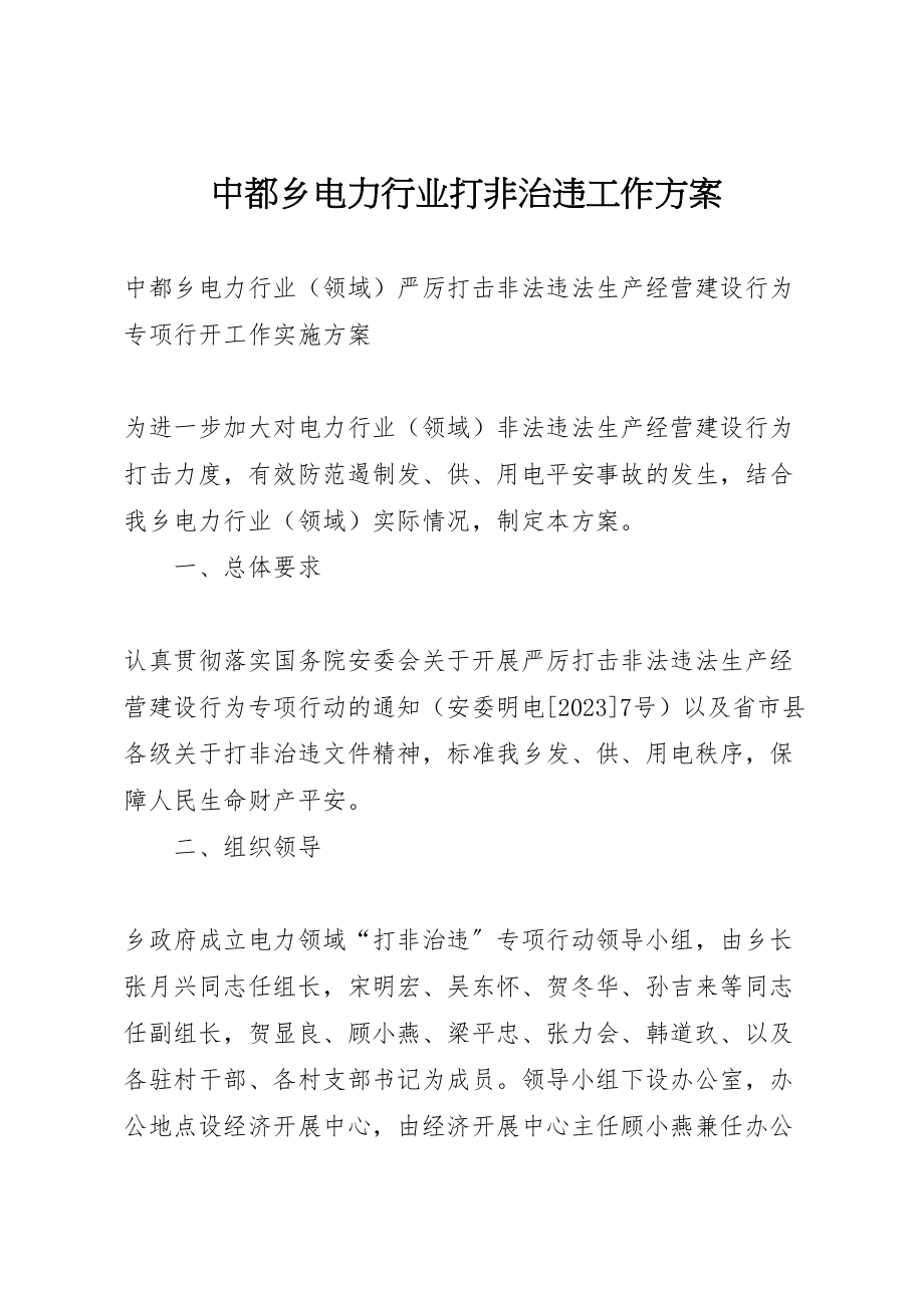 2023年中都乡电力行业打非治违工作方案.doc_第1页