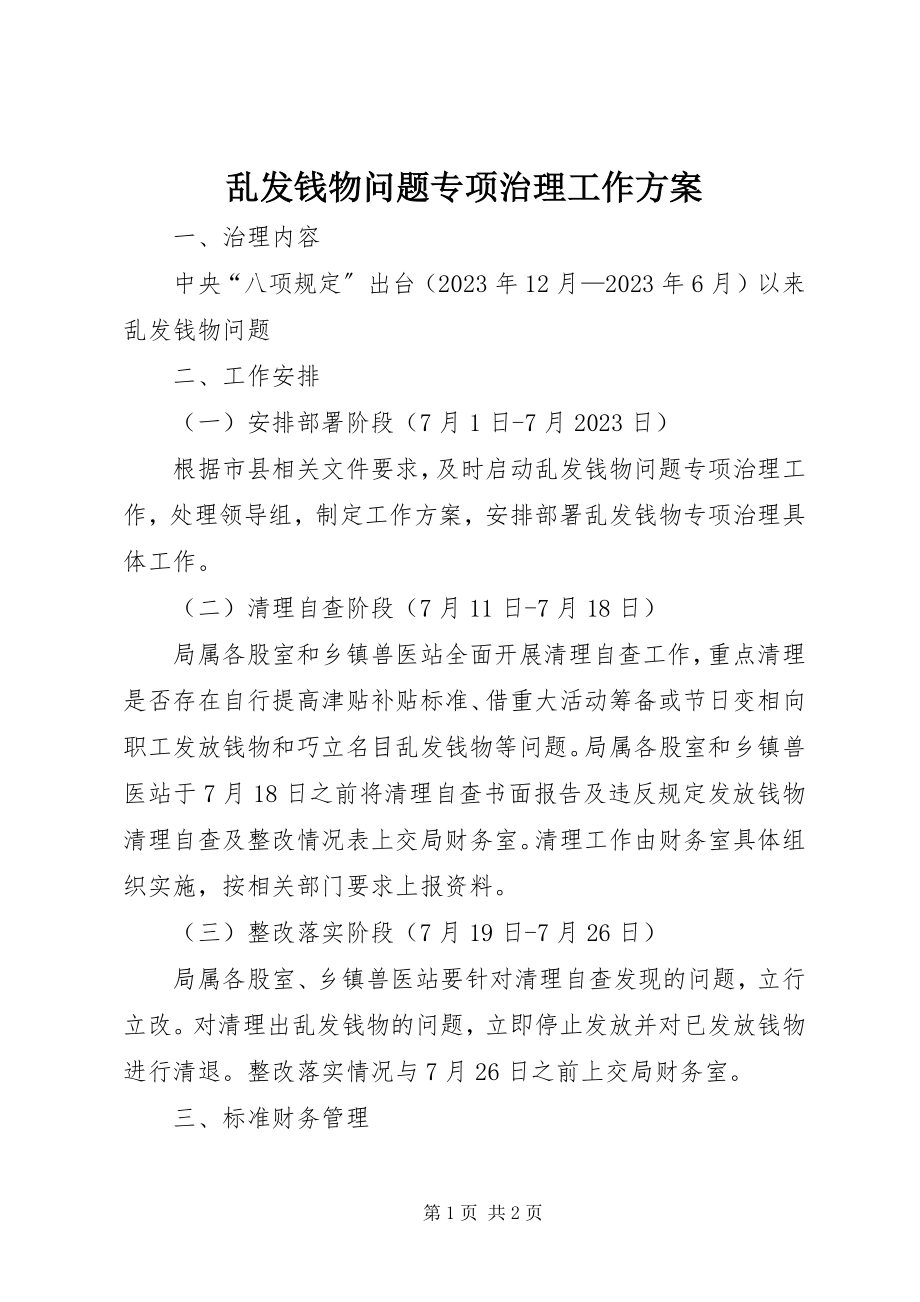 2023年乱发钱物问题专项治理工作方案.docx_第1页