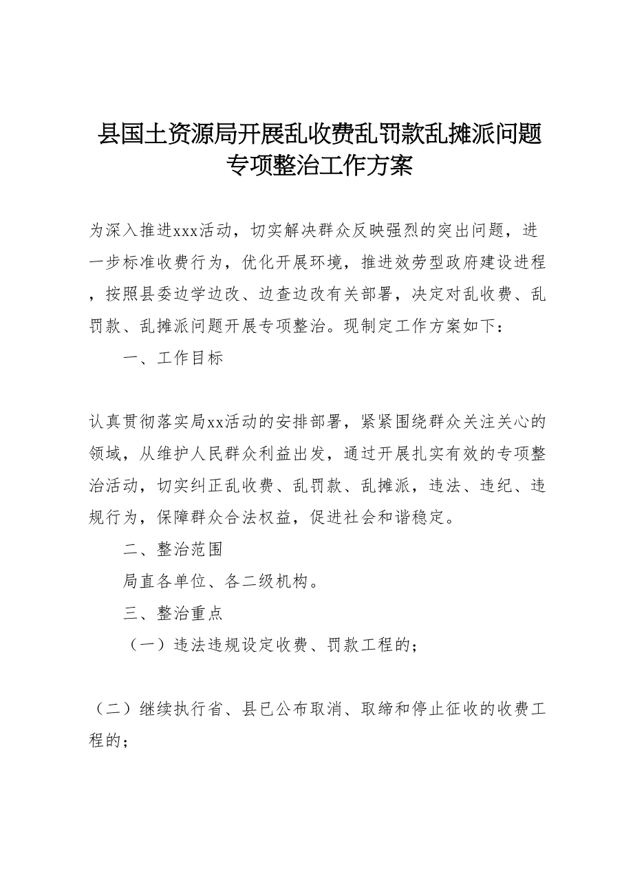 2023年县国土资源局开展乱收费乱罚款乱摊派问题专项整治工作方案.doc_第1页