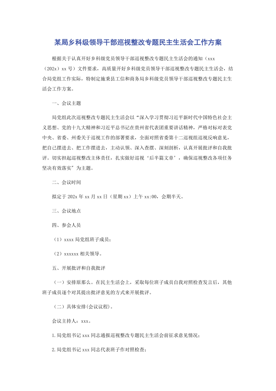 2023年x局乡科级领导干部巡视整改专题民主生活会工作方案.docx_第1页