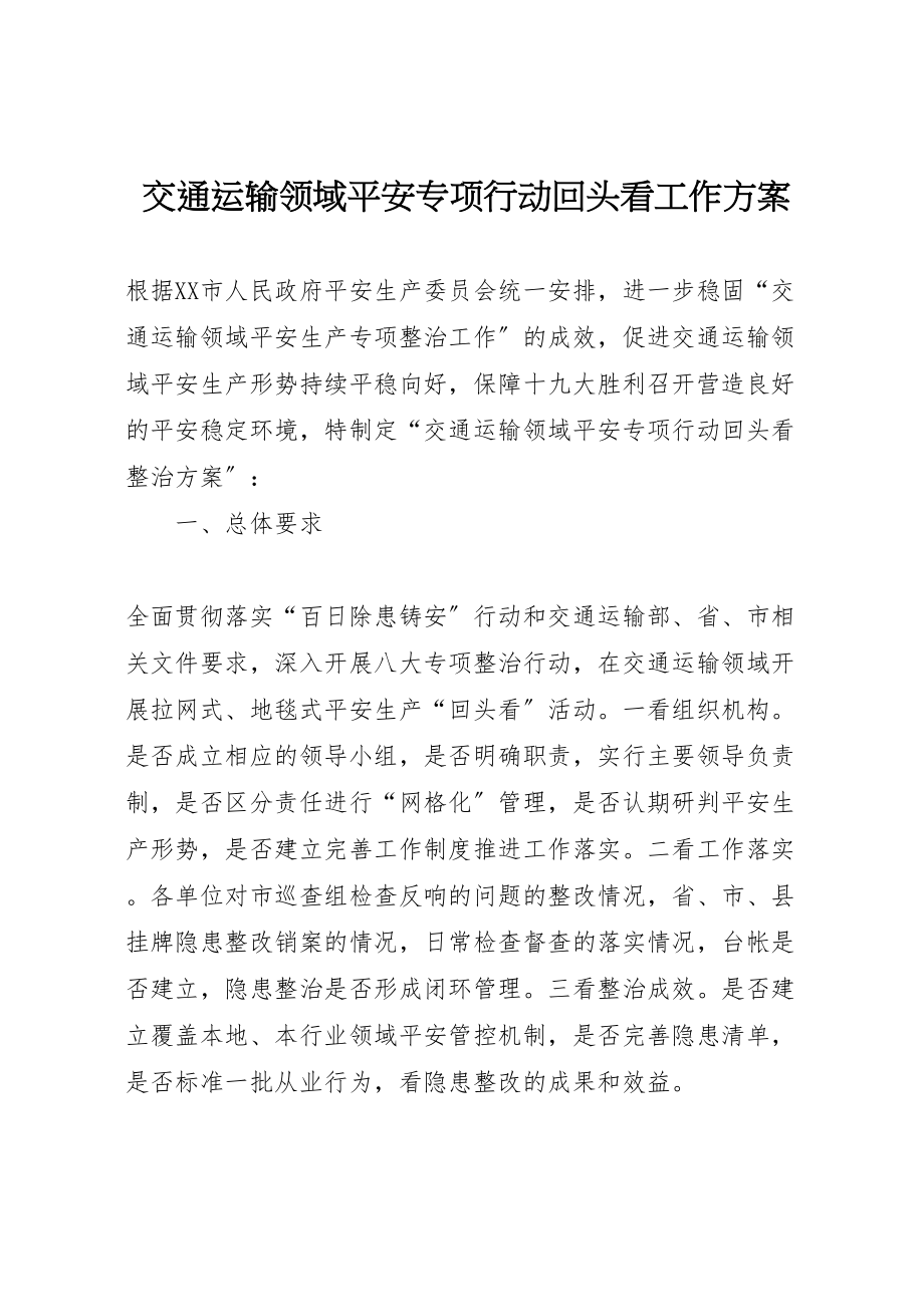 2023年交通运输领域安全专项行动回头看工作方案.doc_第1页