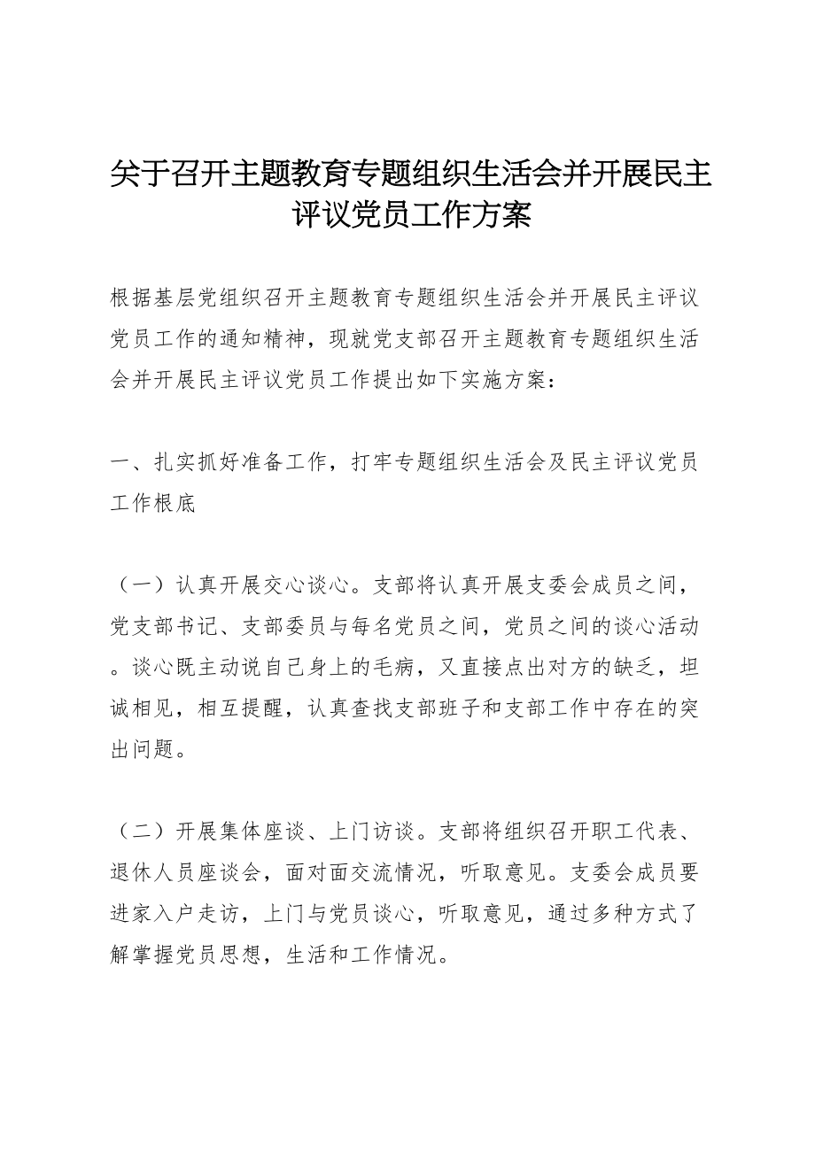 2023年关于召开主题教育专题组织生活会并开展民主评议党员工作方案.doc_第1页