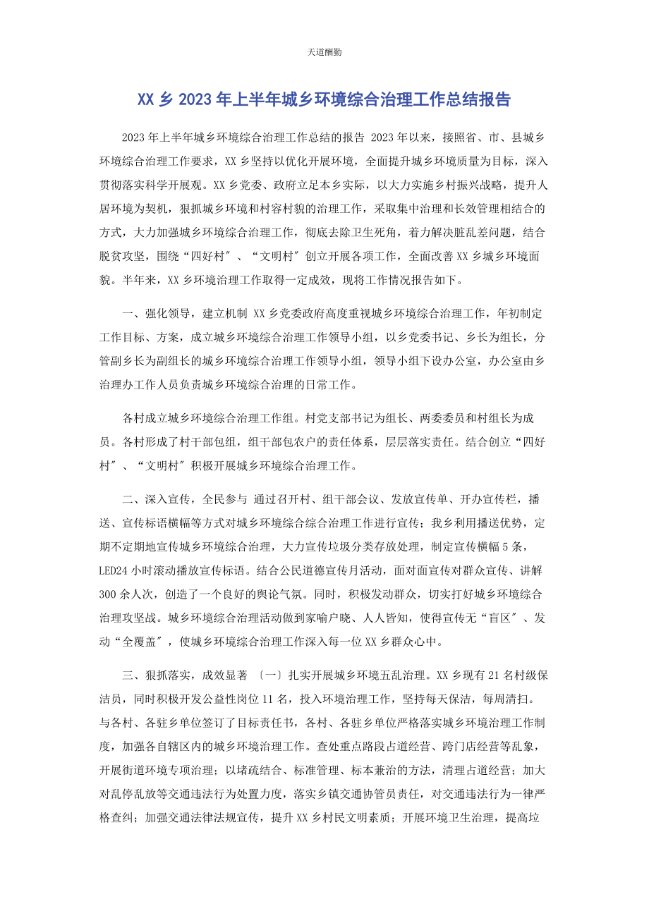 2023年xx乡上半城乡环境综合治理工作总结报告.docx_第1页