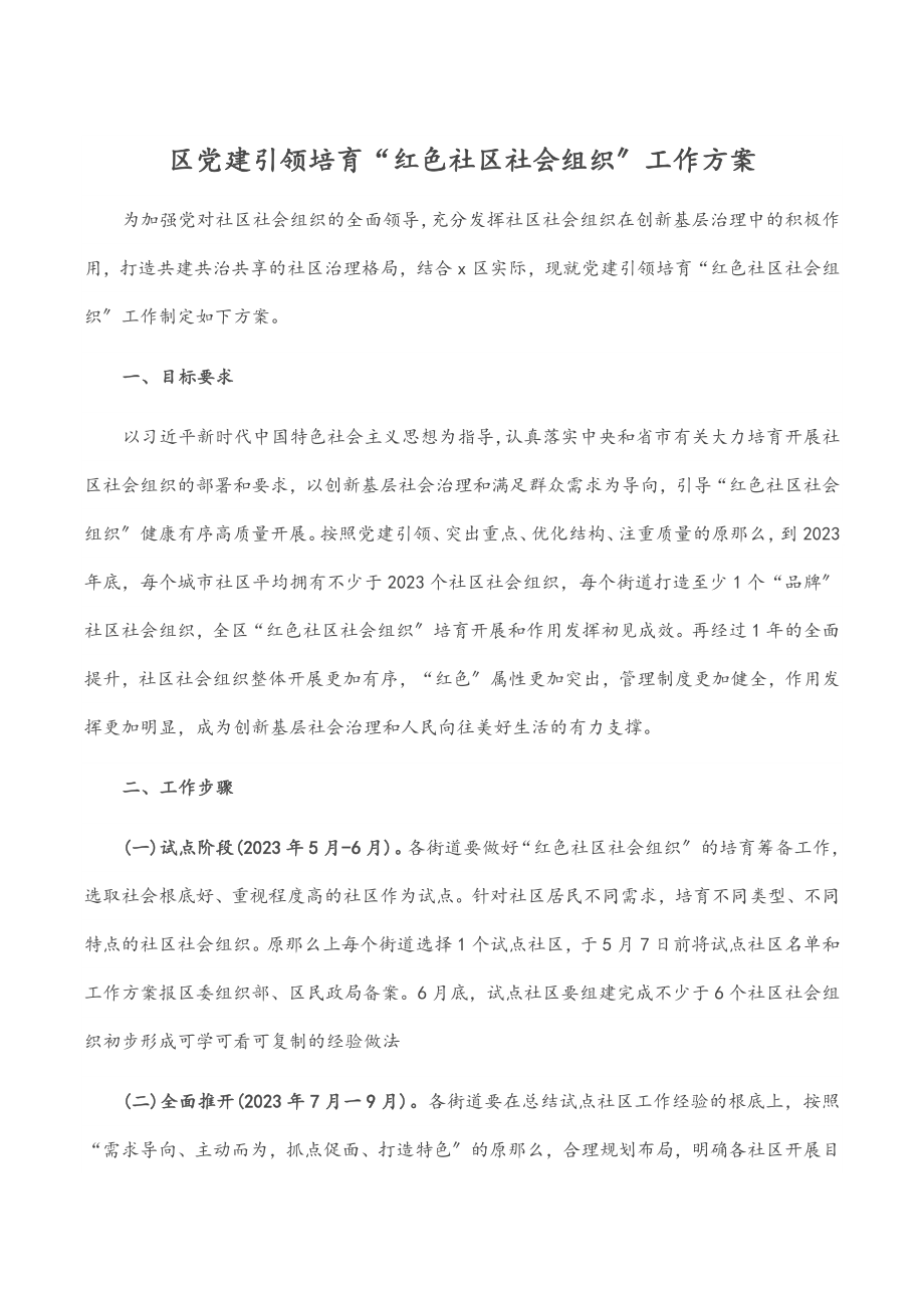 2023年区党建引领培育“红色社区社会组织”工作方案.docx_第1页