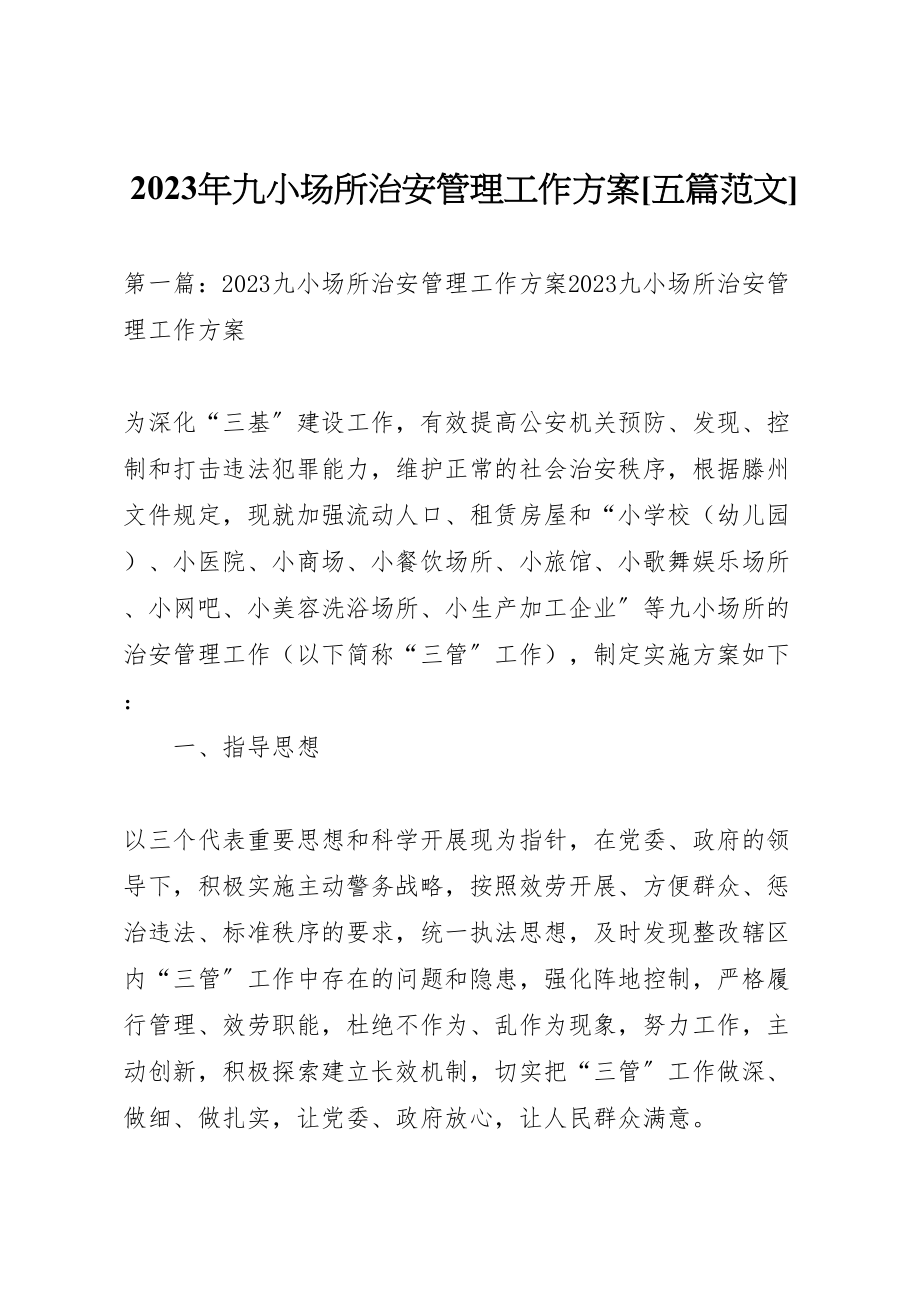 2023年九小场所治安管理工作方案五篇范文.doc_第1页