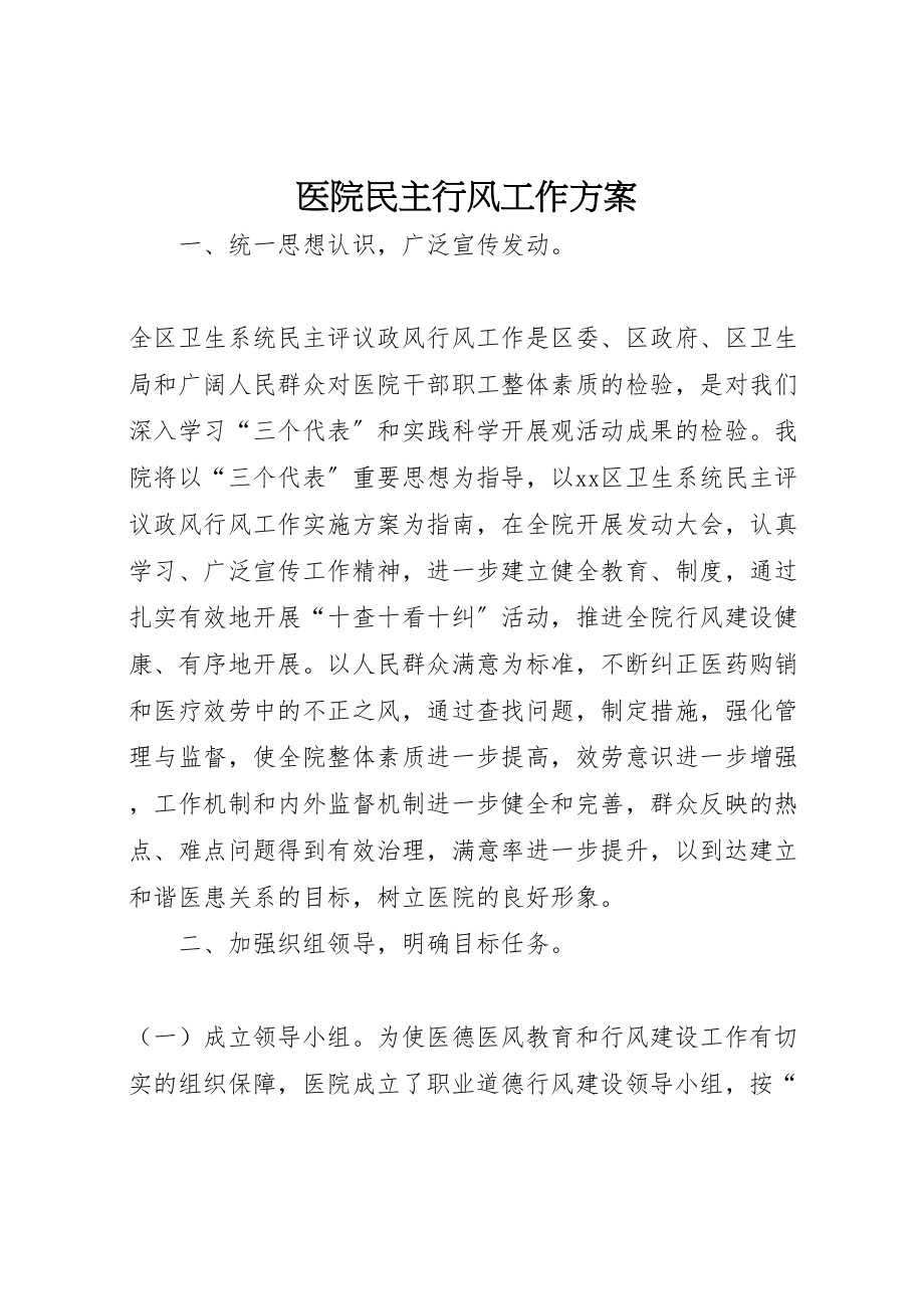 2023年医院民主行风工作方案.doc_第1页