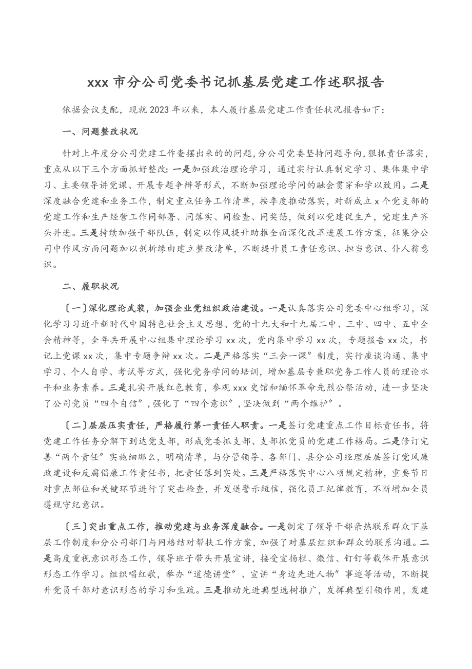 2023年XXX市分公司党委书记抓基层党建工作述职报告.doc_第1页